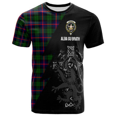 Scottish Urquhart Clan Crest Tartan T-Shirt - Lion Rampant Celtic Cross Flash Style Front Side Tartan Plaid