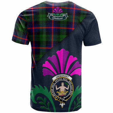 Scottish Urquhart Clan Crest Tartan T-Shirt - Scotland Thistle Style Back Side Tartan Plaid