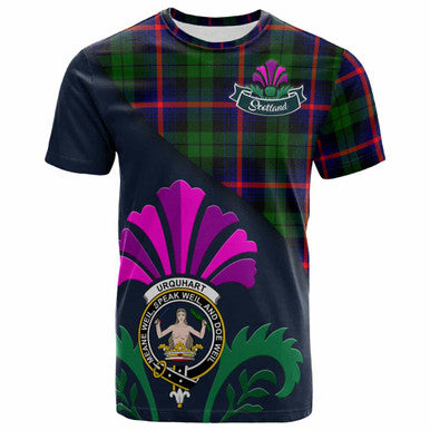 Scottish Urquhart Clan Crest Tartan T-Shirt - Scotland Thistle Style Front Side Tartan Plaid