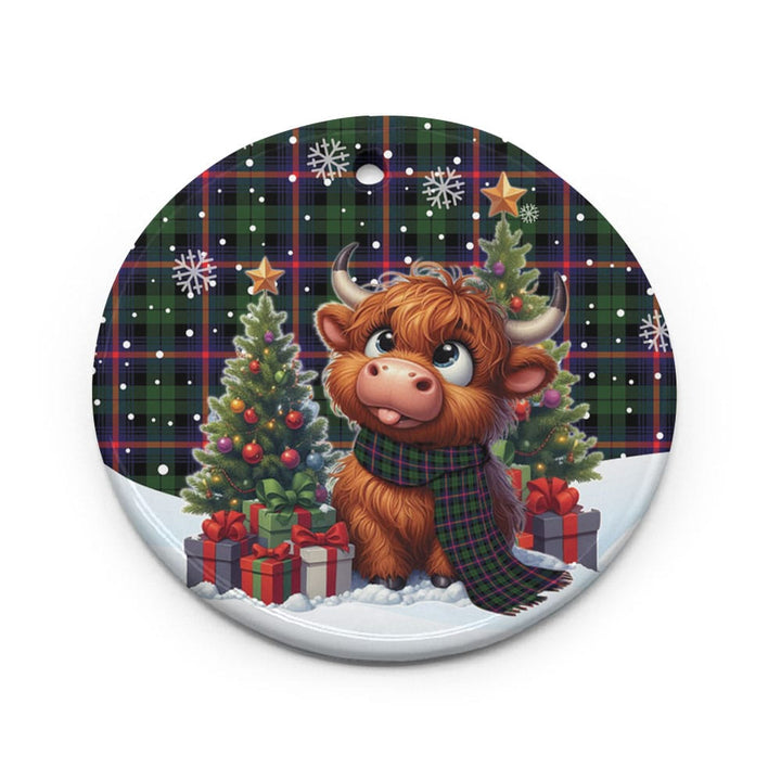 Scottish Urquhart Modern Clan Tartan Ceramic Ornament Cute Highland Cow Christmas Circle Style Tartan Plaid