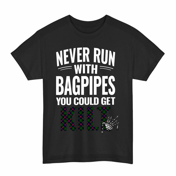 Scottish Urquhart Modern Clan Tartan Never Run With Bagpipes T-Shirt Tartan Plaid Black Color