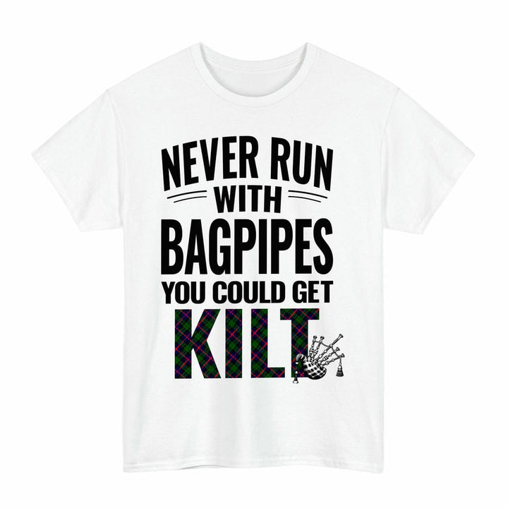 Scottish Urquhart Modern Clan Tartan Never Run With Bagpipes T-Shirt Tartan Plaid White Color