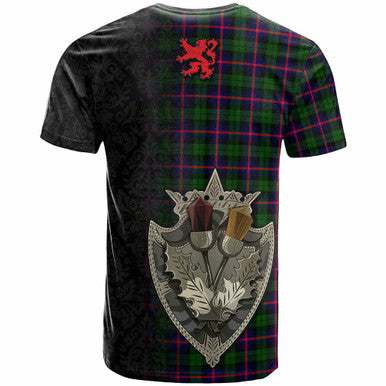 Scottish Urquhart Modern Clan Tartan T-Shirt - Half Thistle Flowers Celtic Design Back Side Tartan Plaid