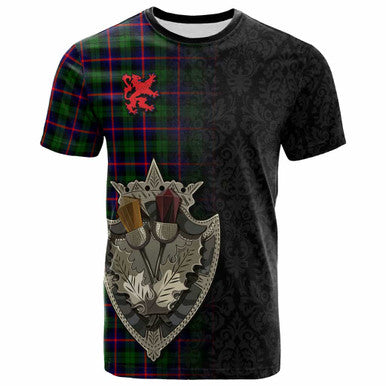 Scottish Urquhart Modern Clan Tartan T-Shirt - Half Thistle Flowers Celtic Design Front Side Tartan Plaid
