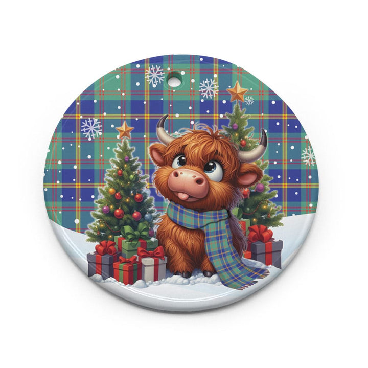 Scottish US Marine Clan Tartan Ceramic Ornament Cute Highland Cow Christmas Circle Style Tartan Plaid