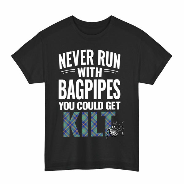 Scottish US Marine Clan Tartan Never Run With Bagpipes T-Shirt Tartan Plaid Black Color
