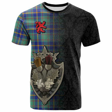 Scottish US Marine Clan Tartan T-Shirt - Half Thistle Flowers Celtic Design Front Side Tartan Plaid