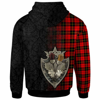 Scottish Wallace Clan Crest Tartan Hoodie - Half Thistle Flowers Celtic Design Back Side Tartan Plaid