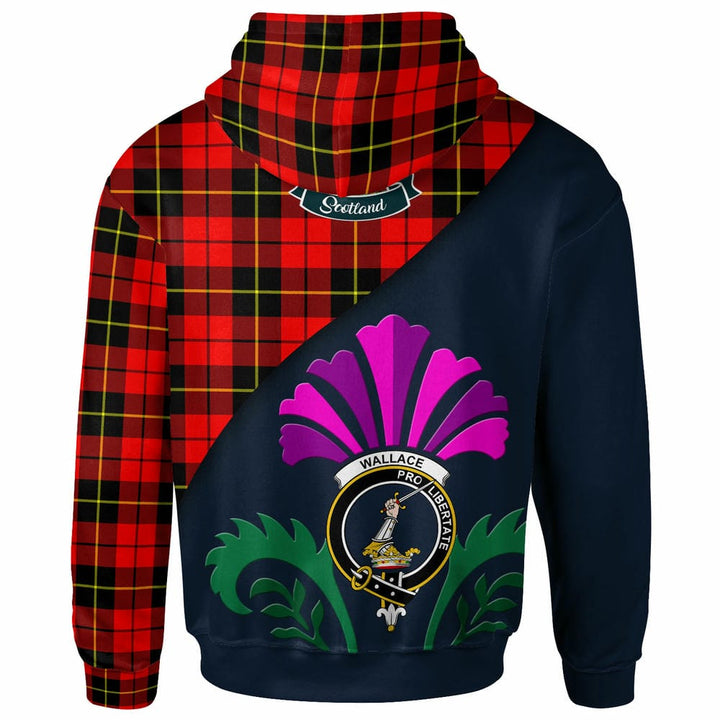 Scottish Wallace Clan Crest Tartan Hoodie - Scotland Thistle Style Back Side Tartan Plaid