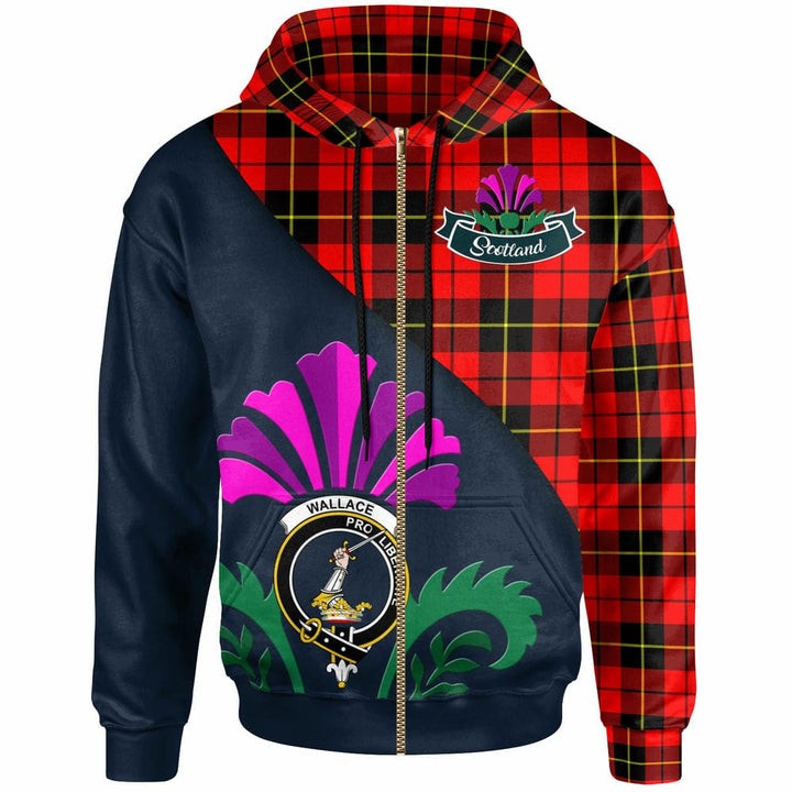 Scottish Wallace Clan Crest Tartan Hoodie - Scotland Thistle Style Zip-up Tartan Plaid