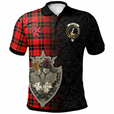 Scottish Wallace Clan Crest Tartan Polo Shirt - Half Thistle Flowers Celtic Design Front Side Tartan Plaid