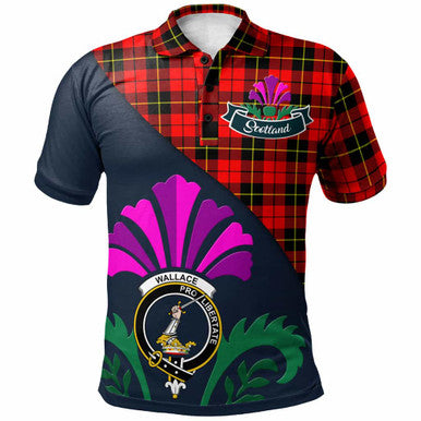 Scottish Wallace Clan Crest Tartan Polo Shirt - Scotland Thistle Style Front Side Tartan Plaid