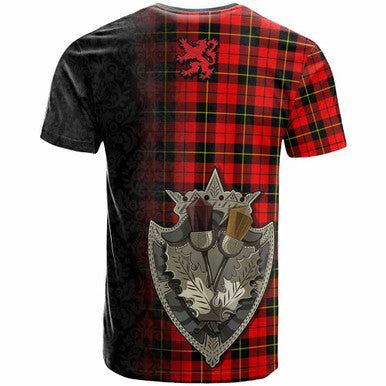 Scottish Wallace Clan Crest Tartan T-Shirt - Half Thistle Flowers Celtic Design Back Side Tartan Plaid