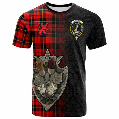 Scottish Wallace Clan Crest Tartan T-Shirt - Half Thistle Flowers Celtic Design Front Side Tartan Plaid