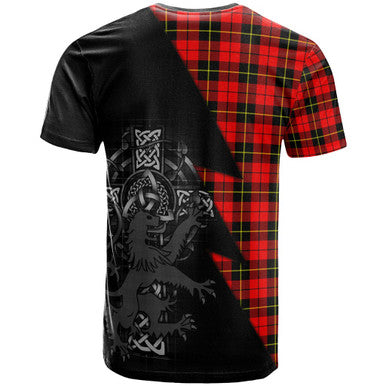Scottish Wallace Clan Crest Tartan T-Shirt - Lion Rampant Celtic Cross Flash Style Back Side Tartan Plaid