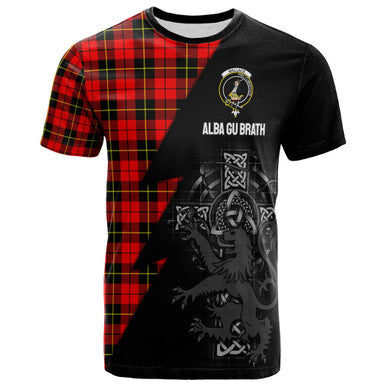 Scottish Wallace Clan Crest Tartan T-Shirt - Lion Rampant Celtic Cross Flash Style Front Side Tartan Plaid