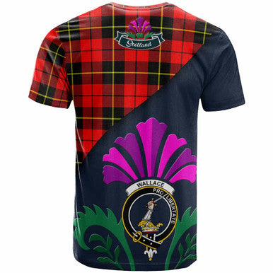 Scottish Wallace Clan Crest Tartan T-Shirt - Scotland Thistle Style Back Side Tartan Plaid
