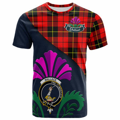 Scottish Wallace Clan Crest Tartan T-Shirt - Scotland Thistle Style Front Side Tartan Plaid