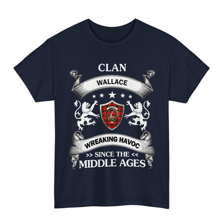 Scottish Wallace Clan Crest Tartan T-Shirt Wreaking Havoc Design Tartan Plaid Navy Color