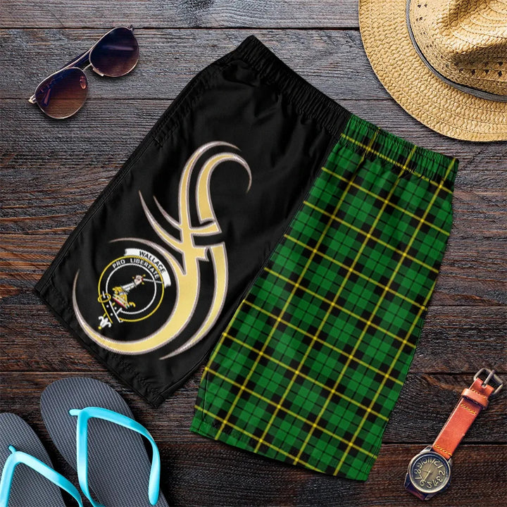 Scottish Wallace Hunting - Green Clan Crest Tartan Believe in Me Men's Shorts