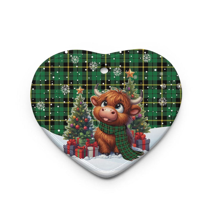 Scottish Wallace Hunting - Green Clan Tartan Ceramic Ornament Cute Highland Cow Christmas Heart Style Tartan Plaid