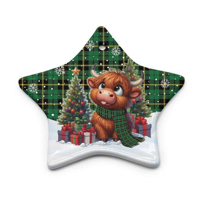 Scottish Wallace Hunting - Green Clan Tartan Ceramic Ornament Cute Highland Cow Christmas Star Style Tartan Plaid