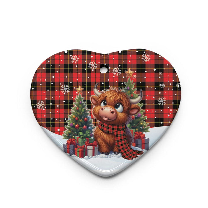 Scottish Wallace Hunting - Red Clan Tartan Ceramic Ornament Cute Highland Cow Christmas Heart Style Tartan Plaid
