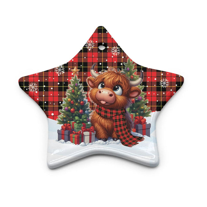 Scottish Wallace Hunting - Red Clan Tartan Ceramic Ornament Cute Highland Cow Christmas Star Style Tartan Plaid