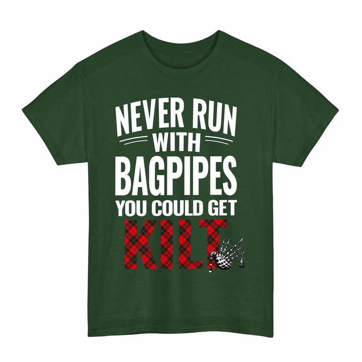 Scottish Wallace Weathered Clan Tartan Never Run With Bagpipes T-Shirt Tartan Plaid Forest Green Color