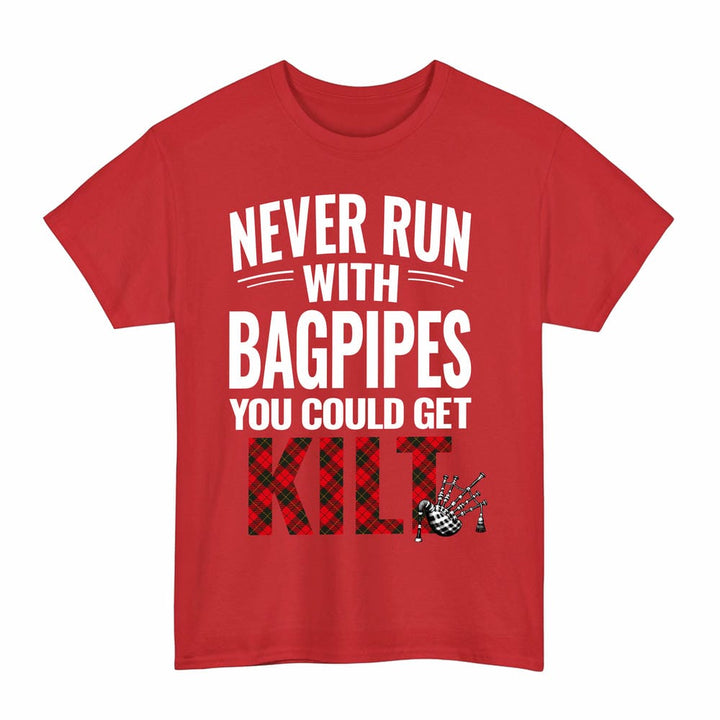 Scottish Wallace Weathered Clan Tartan Never Run With Bagpipes T-Shirt Tartan Plaid Red Color