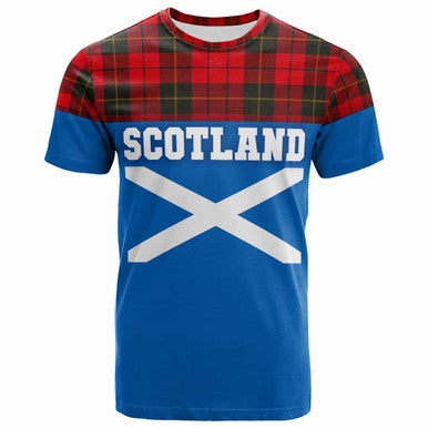 Scottish Wallace Weathered Clan Tartan T-Shirt - Lion Rampant of Scotland With Flag Front Side Tartan Plaid