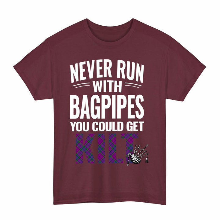 Scottish Wardlaw Modern Clan Tartan Never Run With Bagpipes T-Shirt Tartan Plaid Maroon Color
