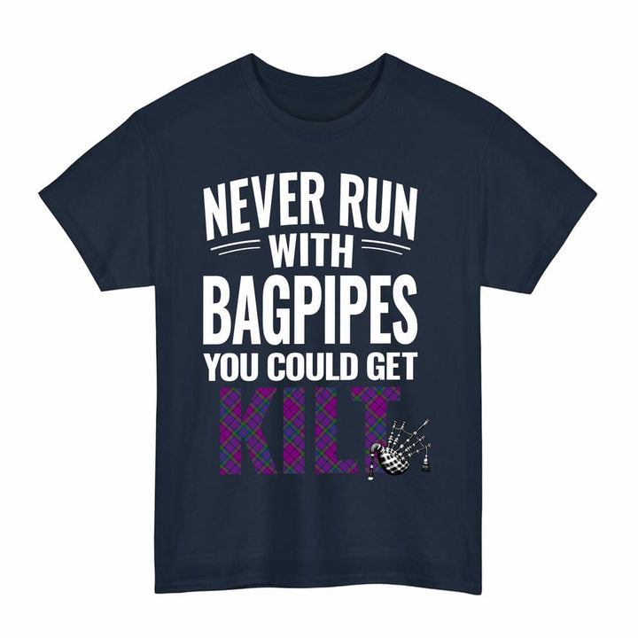 Scottish Wardlaw Modern Clan Tartan Never Run With Bagpipes T-Shirt Tartan Plaid Navy Color