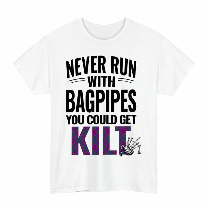 Scottish Wardlaw Modern Clan Tartan Never Run With Bagpipes T-Shirt Tartan Plaid White Color