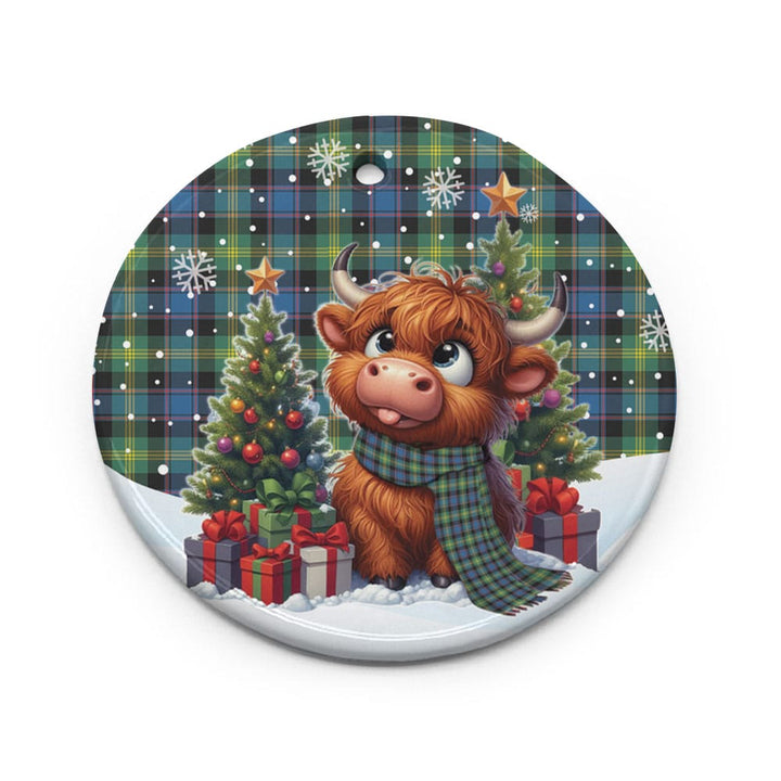 Scottish Watson Ancient Clan Tartan Ceramic Ornament Cute Highland Cow Christmas Circle Style Tartan Plaid