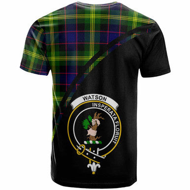 Scottish Watson Clan Crest Tartan Curve T-Shirt Back Side Tartan Plaid