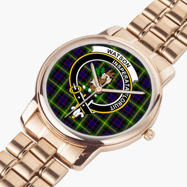 Scottish Watson Clan Crest Tartan Folding Clasp Steel Quartz Watches Tartan Plaid Rose Gold 2