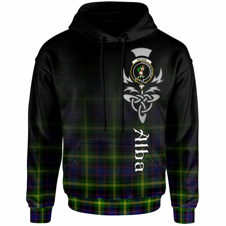 Scottish Watson Clan Crest Tartan Hoodie - Alba Gu Brath Family Crest Celtic Inspired Front Side Tartan Plaid