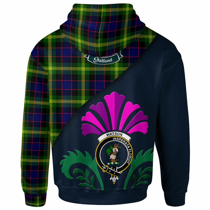 Scottish Watson Clan Crest Tartan Hoodie - Scotland Thistle Style Back Side Tartan Plaid