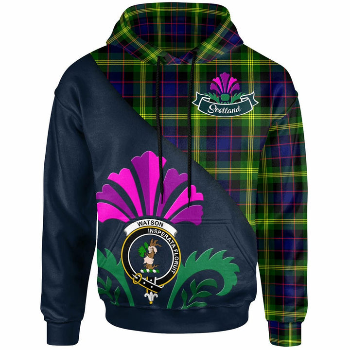 Scottish Watson Clan Crest Tartan Hoodie - Scotland Thistle Style Front Side Tartan Plaid
