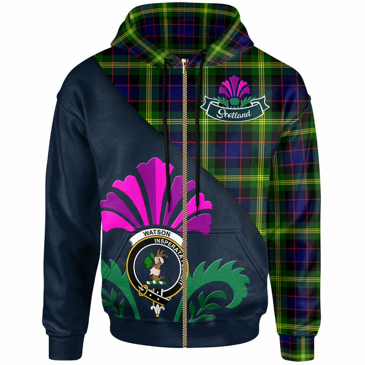 Scottish Watson Clan Crest Tartan Hoodie - Scotland Thistle Style Zip-up Tartan Plaid