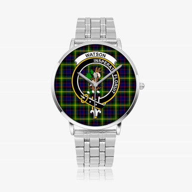 Scottish Watson Clan Crest Tartan Instafamous Steel Quartz Watches Tartan Plaid Silver 1