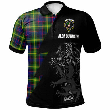 Scottish Watson Clan Crest Tartan Polo Shirt - Lion Rampant Celtic Cross Flash Style Front Side Tartan Plaid