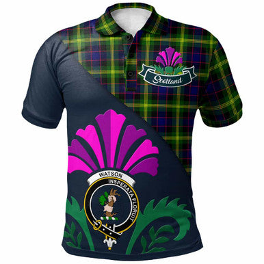 Scottish Watson Clan Crest Tartan Polo Shirt - Scotland Thistle Style Front Side Tartan Plaid