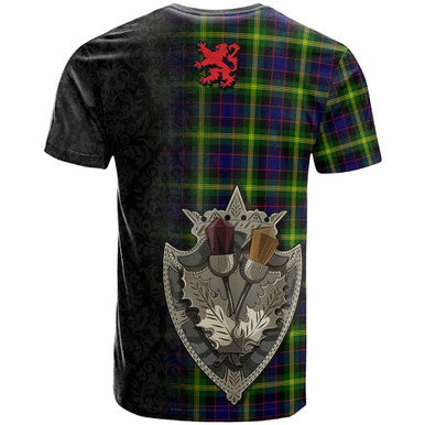 Scottish Watson Clan Crest Tartan T-Shirt - Half Thistle Flowers Celtic Design Back Side Tartan Plaid