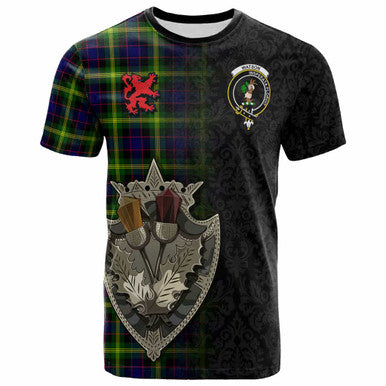 Scottish Watson Clan Crest Tartan T-Shirt - Half Thistle Flowers Celtic Design Front Side Tartan Plaid