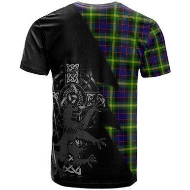 Scottish Watson Clan Crest Tartan T-Shirt - Lion Rampant Celtic Cross Flash Style Back Side Tartan Plaid