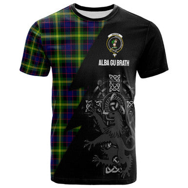 Scottish Watson Clan Crest Tartan T-Shirt - Lion Rampant Celtic Cross Flash Style Front Side Tartan Plaid