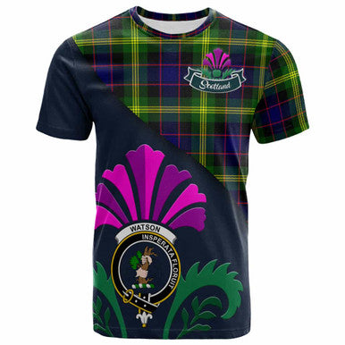 Scottish Watson Clan Crest Tartan T-Shirt - Scotland Thistle Style Front Side Tartan Plaid