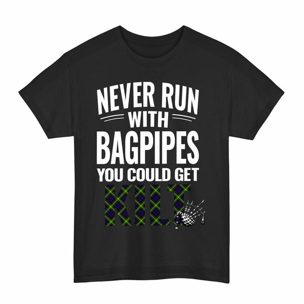 Scottish Watson Modern Clan Tartan Never Run With Bagpipes T-Shirt Tartan Plaid Black Color